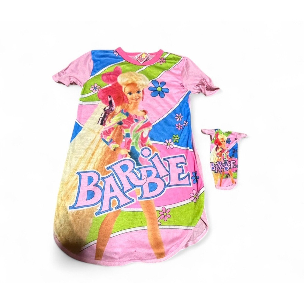 Vintage Barbie Nightgown w/ Matching Doll Dress Pink Graphic Mattel 1991 4/5T